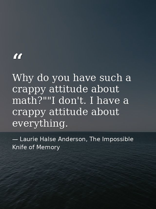 Why do you have such a crappy attitude about math?""I don't. I have a crappy attitude about everything. — Laurie Halse Anderson, The Impossible Knife of Memory