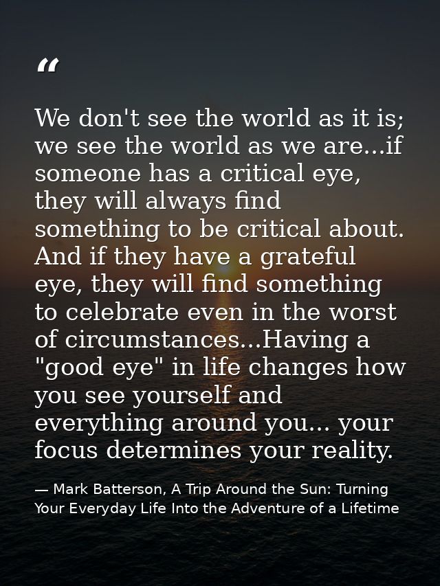 We don't see the world as it is; we see the world as we are...if someone has a critical eye, they will always find somet — Mark Batterson, A Trip Around the Sun: Turning Your Everyday Life Into the Adventure of a Lifetime