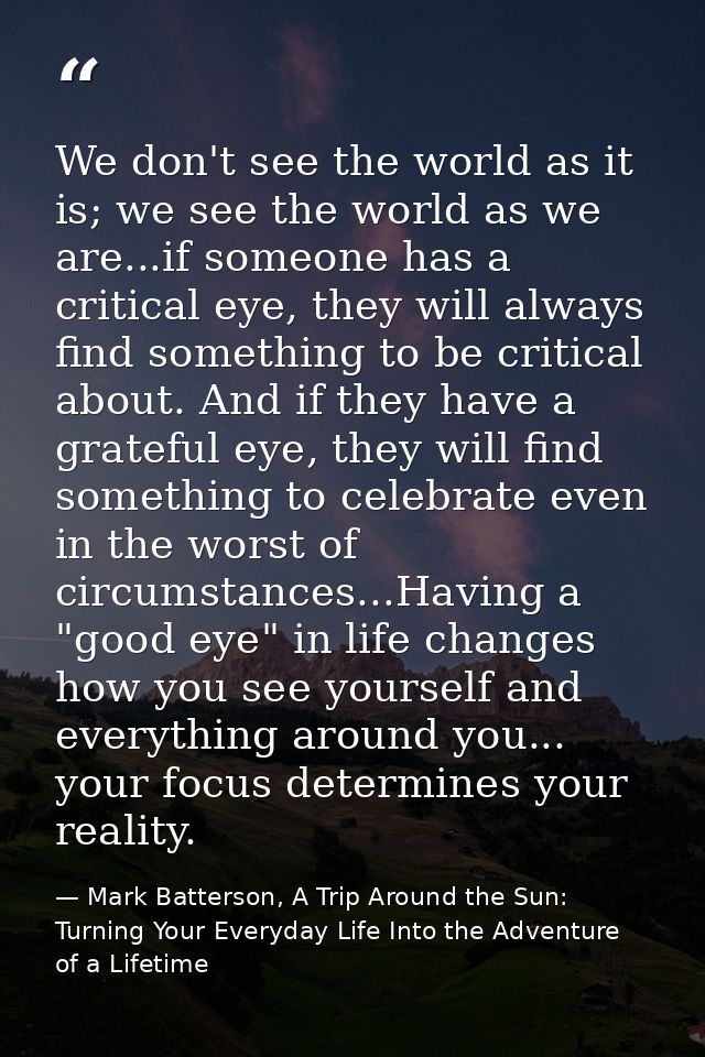 We don't see the world as it is; we see the world as we are...if someone has a critical eye, they will always find somet — Mark Batterson, A Trip Around the Sun: Turning Your Everyday Life Into the Adventure of a Lifetime