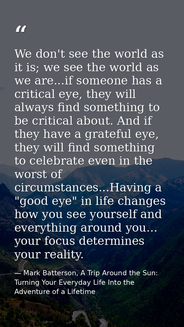 We don't see the world as it is; we see the world as we are...if someone has a critical eye, they will always find somet — Mark Batterson, A Trip Around the Sun: Turning Your Everyday Life Into the Adventure of a Lifetime
