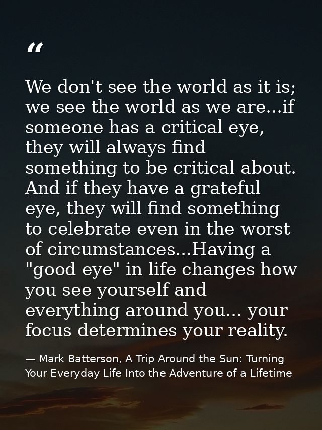 We don't see the world as it is; we see the world as we are...if someone has a critical eye, they will always find somet — Mark Batterson, A Trip Around the Sun: Turning Your Everyday Life Into the Adventure of a Lifetime