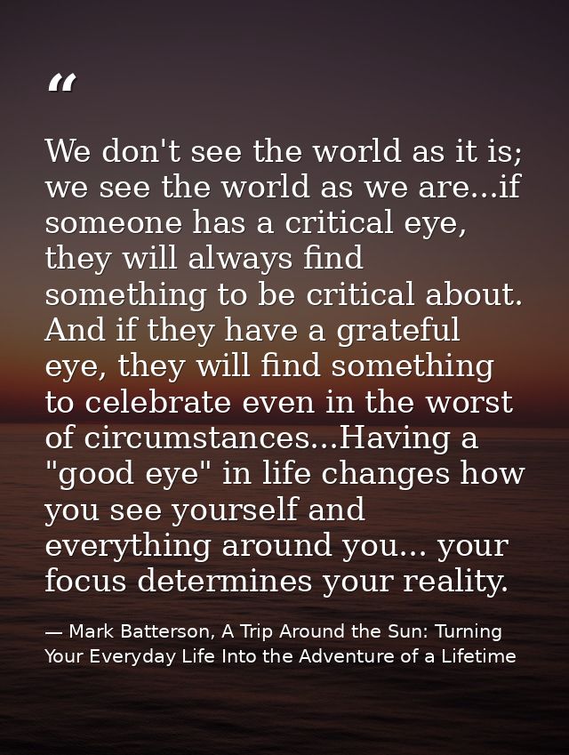 We don't see the world as it is; we see the world as we are...if someone has a critical eye, they will always find somet — Mark Batterson, A Trip Around the Sun: Turning Your Everyday Life Into the Adventure of a Lifetime