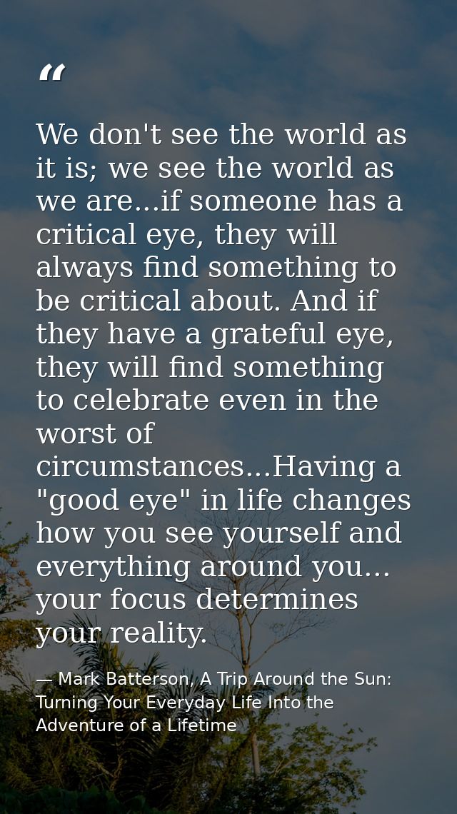 We don't see the world as it is; we see the world as we are...if someone has a critical eye, they will always find somet — Mark Batterson, A Trip Around the Sun: Turning Your Everyday Life Into the Adventure of a Lifetime
