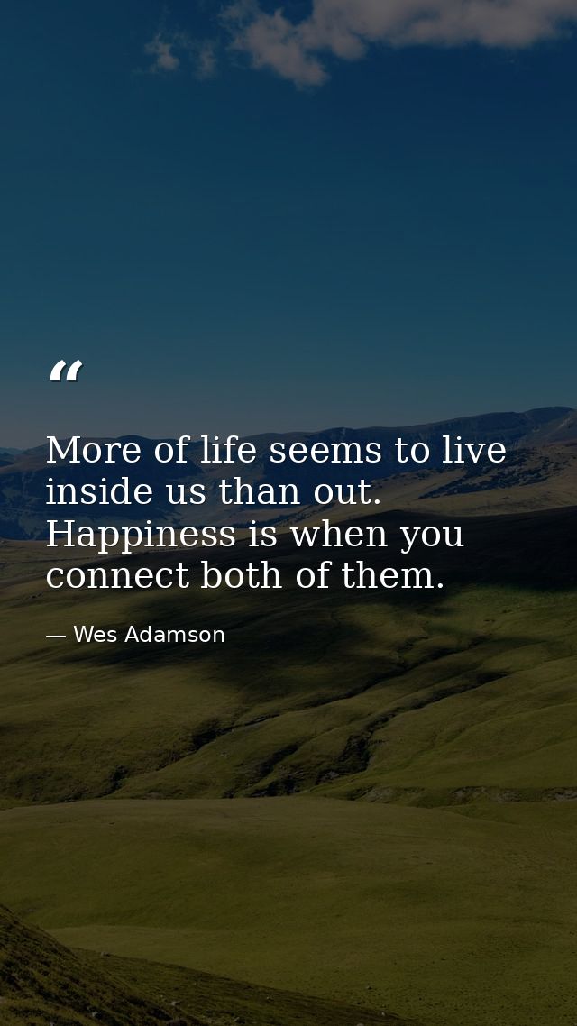 More of life seems to live inside us than out. Happiness is when you connect both of them. — Wes Adamson