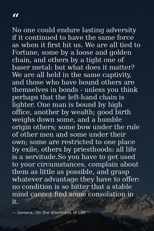 No one could endure lasting adversity if it continued to have the same force as when it first hit us. We are all tied to — Seneca, On the Shortness of Life