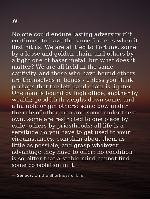 No one could endure lasting adversity if it continued to have the same force as when it first hit us. We are all tied to — Seneca, On the Shortness of Life