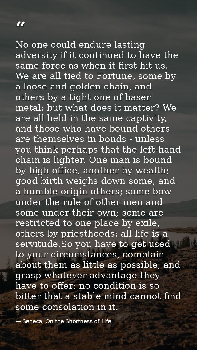 No one could endure lasting adversity if it continued to have the same force as when it first hit us. We are all tied to — Seneca, On the Shortness of Life