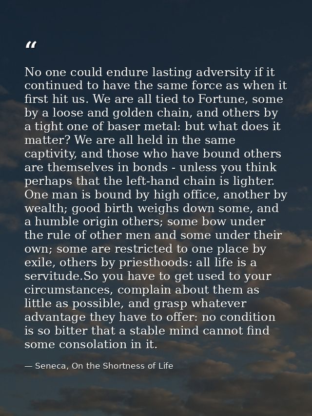 No one could endure lasting adversity if it continued to have the same force as when it first hit us. We are all tied to — Seneca, On the Shortness of Life