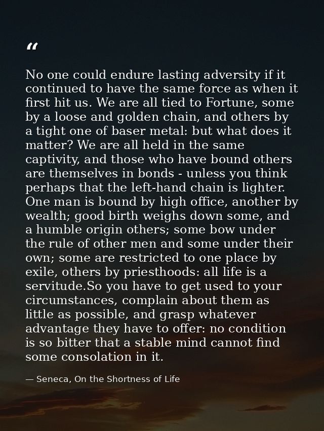No one could endure lasting adversity if it continued to have the same force as when it first hit us. We are all tied to — Seneca, On the Shortness of Life