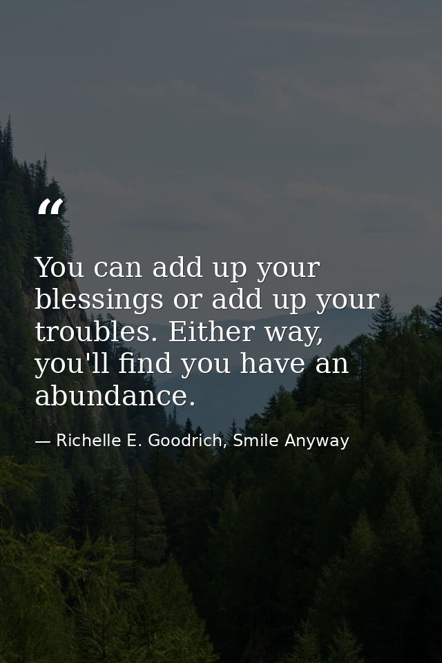 You can add up your blessings or add up your troubles. Either way, you'll find you have an abundance. — Richelle E. Goodrich, Smile Anyway