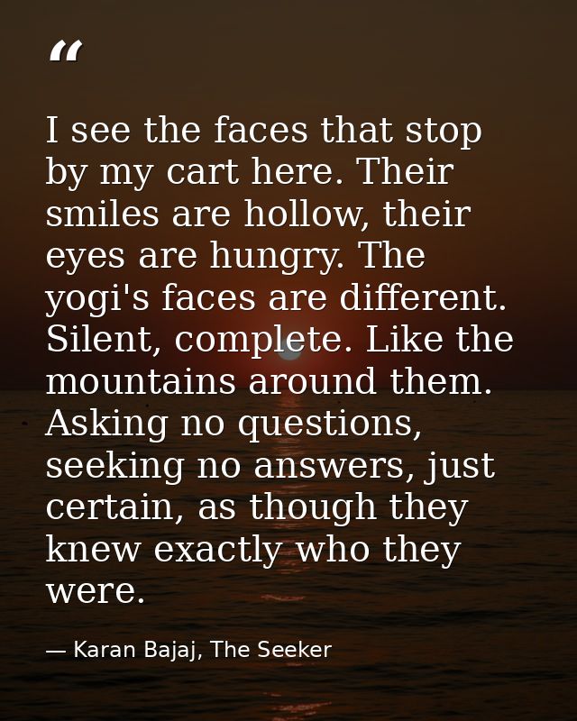 I see the faces that stop by my cart here. Their smiles are hollow, their eyes are hungry. The yogi's faces are differen — Karan Bajaj, The Seeker
