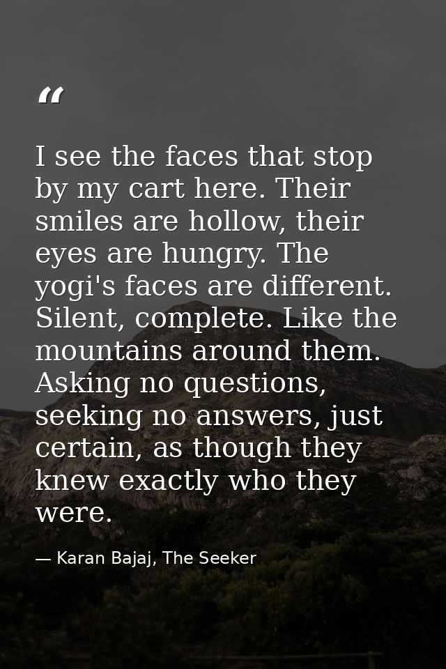 I see the faces that stop by my cart here. Their smiles are hollow, their eyes are hungry. The yogi's faces are differen — Karan Bajaj, The Seeker