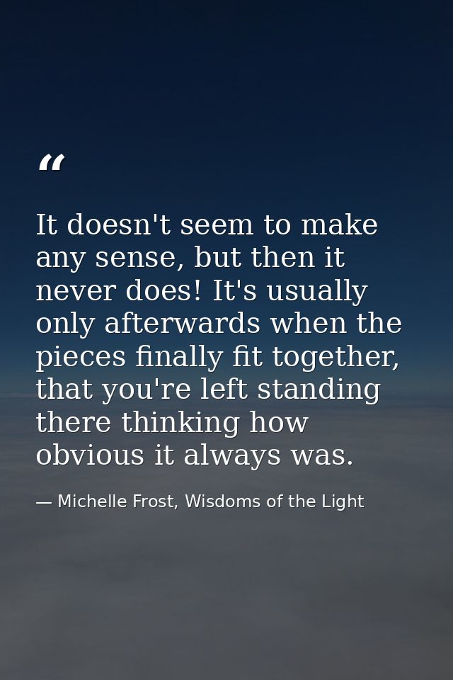 It doesn't seem to make any sense, but then it never does! It's usually only afterwards when the pieces finally fit toge — Michelle Frost, Wisdoms of the Light