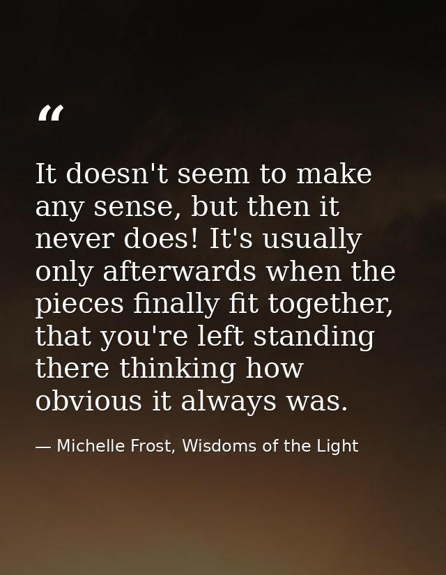 It doesn't seem to make any sense, but then it never does! It's usually only afterwards when the pieces finally fit toge — Michelle Frost, Wisdoms of the Light