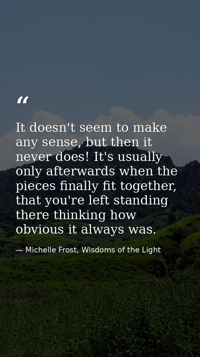 It doesn't seem to make any sense, but then it never does! It's usually only afterwards when the pieces finally fit toge — Michelle Frost, Wisdoms of the Light