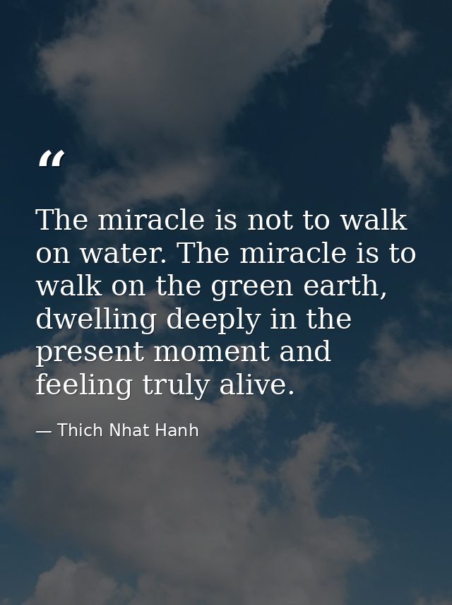 The miracle is not to walk on water. The miracle is to walk on the green earth, dwelling deeply in the present moment an — Thich Nhat Hanh