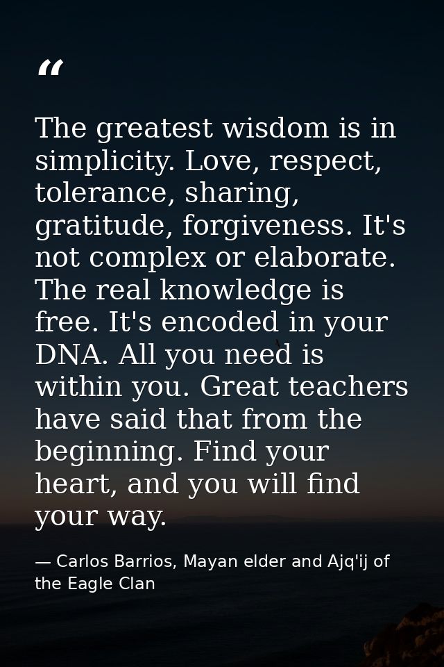 The greatest wisdom is in simplicity. Love, respect, tolerance, sharing, gratitude, forgiveness. It's not complex or ela — Carlos Barrios, Mayan elder and Ajq'ij of the Eagle Clan