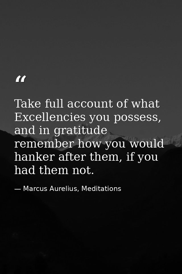 Take full account of what Excellencies you possess, and in gratitude remember how you would hanker after them, if you ha — Marcus Aurelius, Meditations