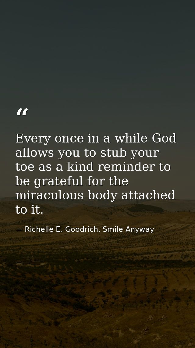 Every once in a while God allows you to stub your toe as a kind reminder to be grateful for the miraculous body attached — Richelle E. Goodrich, Smile Anyway