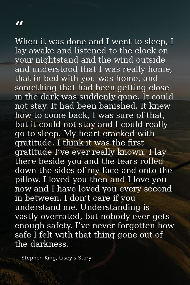 When it was done and I went to sleep, I lay awake and listened to the clock on your nightstand and the wind outside and  — Stephen King, Lisey's Story