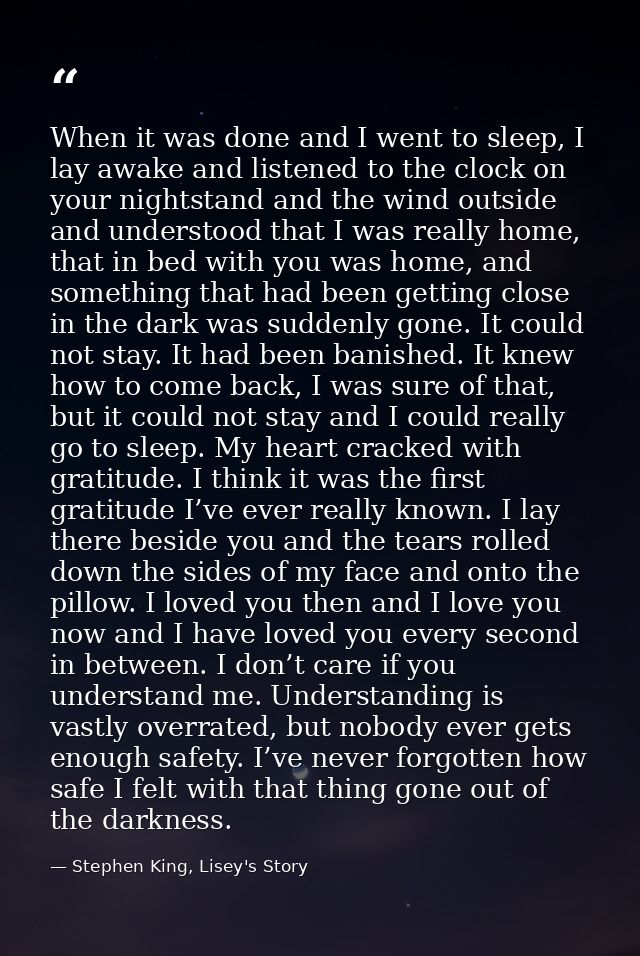 When it was done and I went to sleep, I lay awake and listened to the clock on your nightstand and the wind outside and  — Stephen King, Lisey's Story