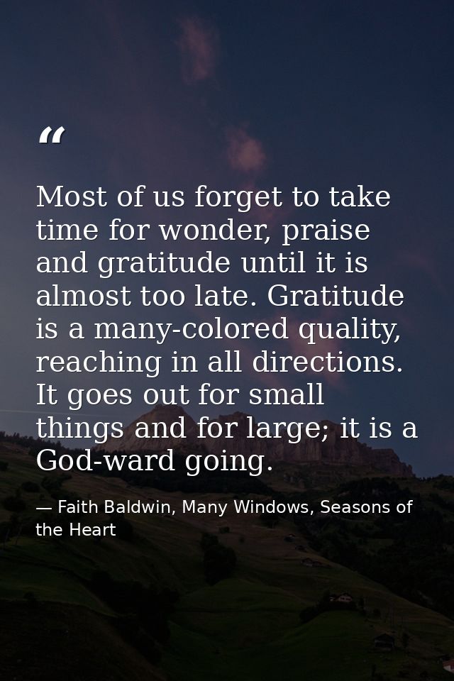Most of us forget to take time for wonder, praise and gratitude until it is almost too late. Gratitude is a many-colored — Faith Baldwin, Many Windows, Seasons of the Heart