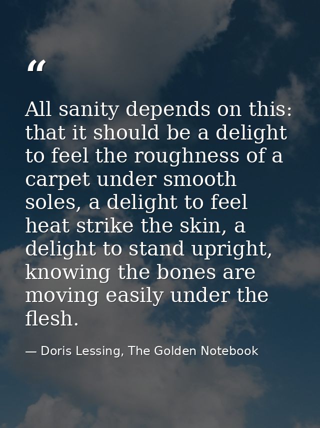 All sanity depends on this: that it should be a delight to feel the roughness of a carpet under smooth soles, a delight  — Doris Lessing, The Golden Notebook