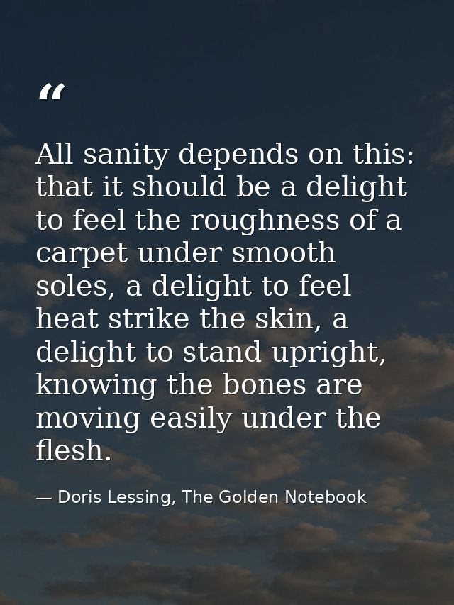 All sanity depends on this: that it should be a delight to feel the roughness of a carpet under smooth soles, a delight  — Doris Lessing, The Golden Notebook