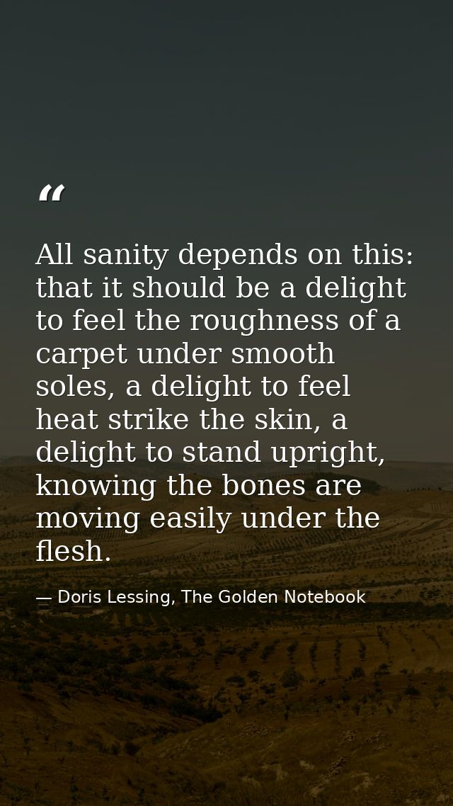 All sanity depends on this: that it should be a delight to feel the roughness of a carpet under smooth soles, a delight  — Doris Lessing, The Golden Notebook