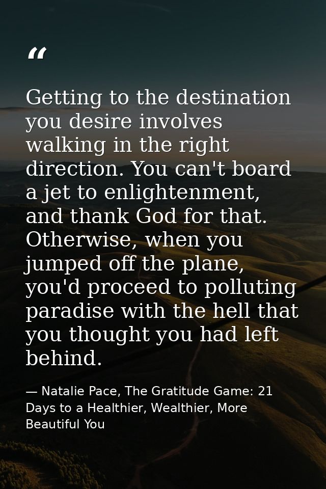 Getting to the destination you desire involves walking in the right direction. You can't board a jet to enlightenment, a — Natalie Pace, The Gratitude Game: 21 Days to a Healthier, Wealthier, More Beautiful You