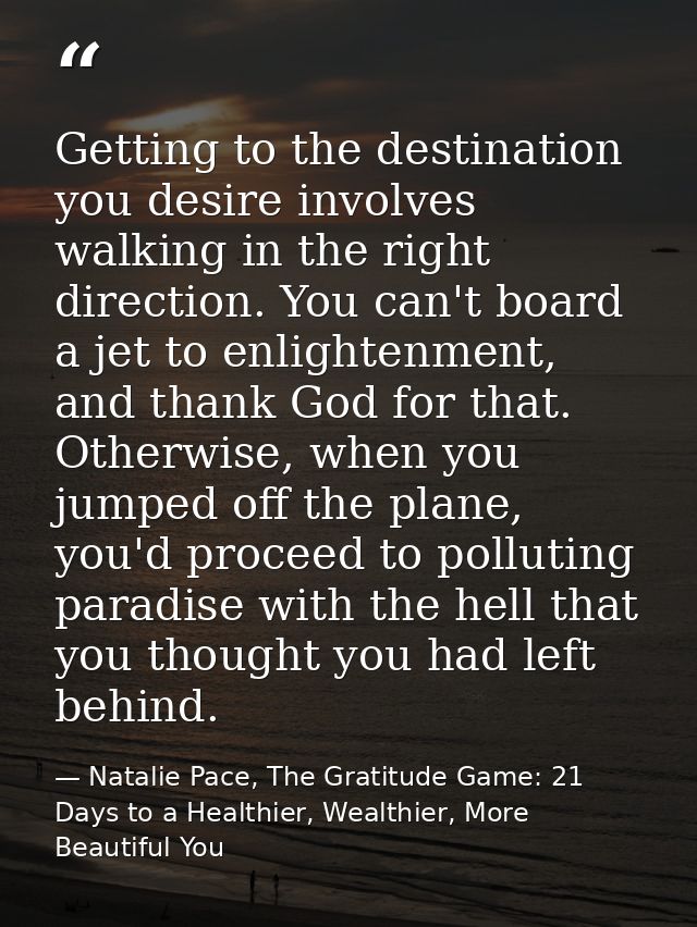 Getting to the destination you desire involves walking in the right direction. You can't board a jet to enlightenment, a — Natalie Pace, The Gratitude Game: 21 Days to a Healthier, Wealthier, More Beautiful You