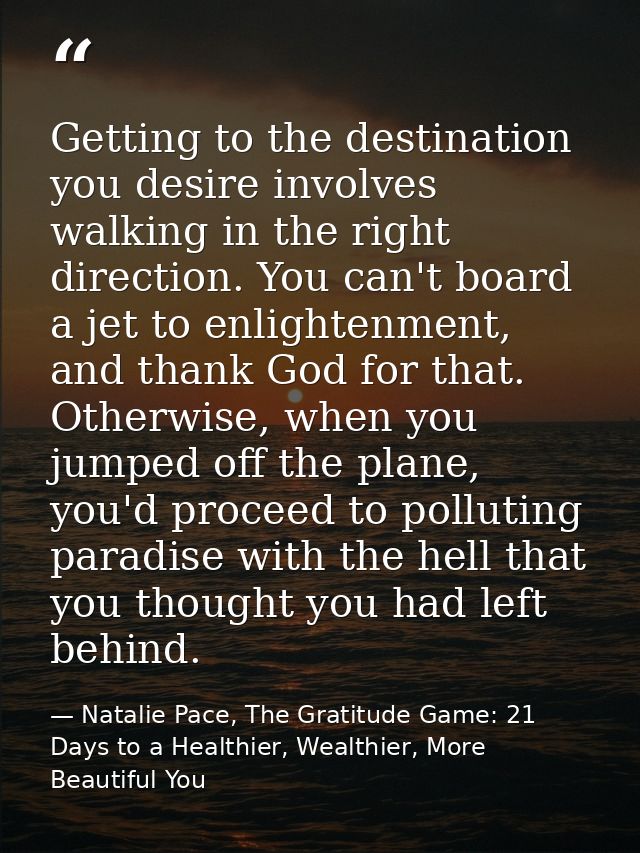 Getting to the destination you desire involves walking in the right direction. You can't board a jet to enlightenment, a — Natalie Pace, The Gratitude Game: 21 Days to a Healthier, Wealthier, More Beautiful You