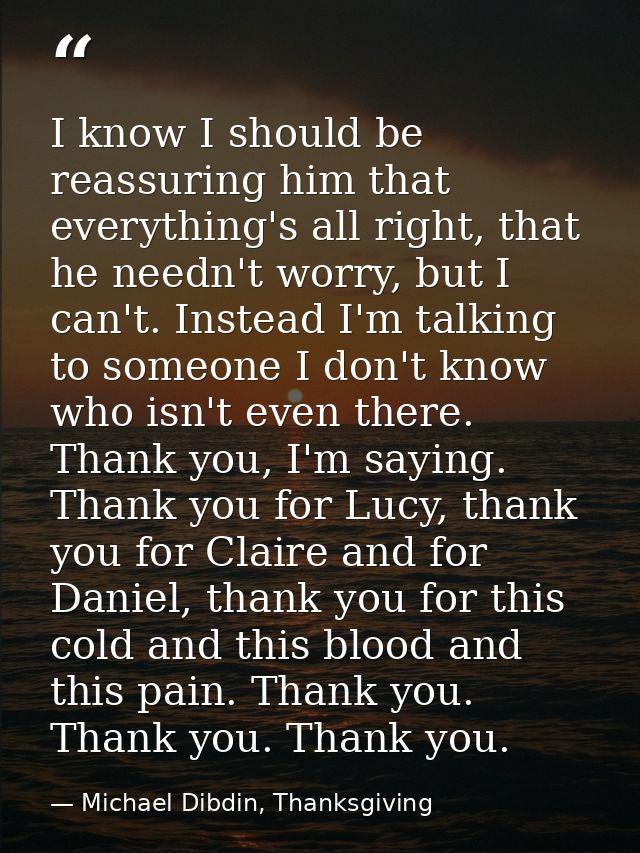 I know I should be reassuring him that everything's all right, that he needn't worry, but I can't. Instead I'm talking t — Michael Dibdin, Thanksgiving