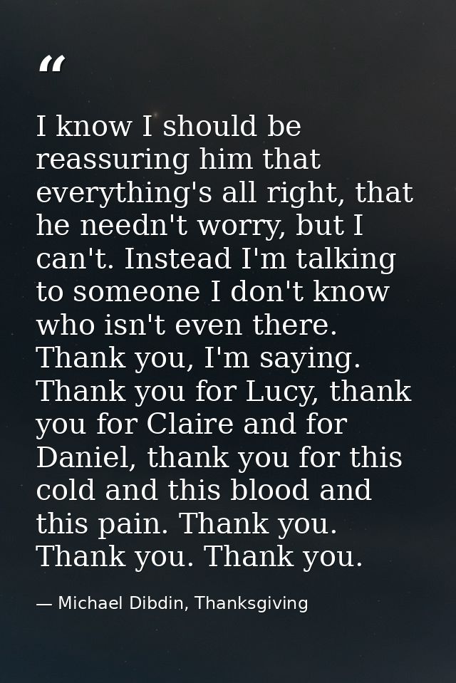 I know I should be reassuring him that everything's all right, that he needn't worry, but I can't. Instead I'm talking t — Michael Dibdin, Thanksgiving