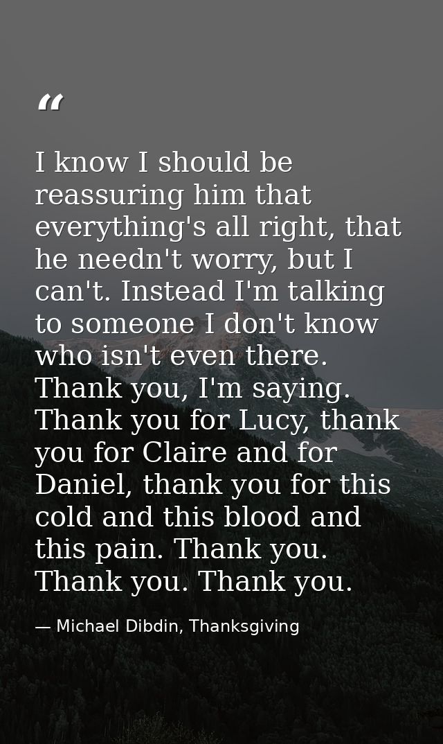 I know I should be reassuring him that everything's all right, that he needn't worry, but I can't. Instead I'm talking t — Michael Dibdin, Thanksgiving