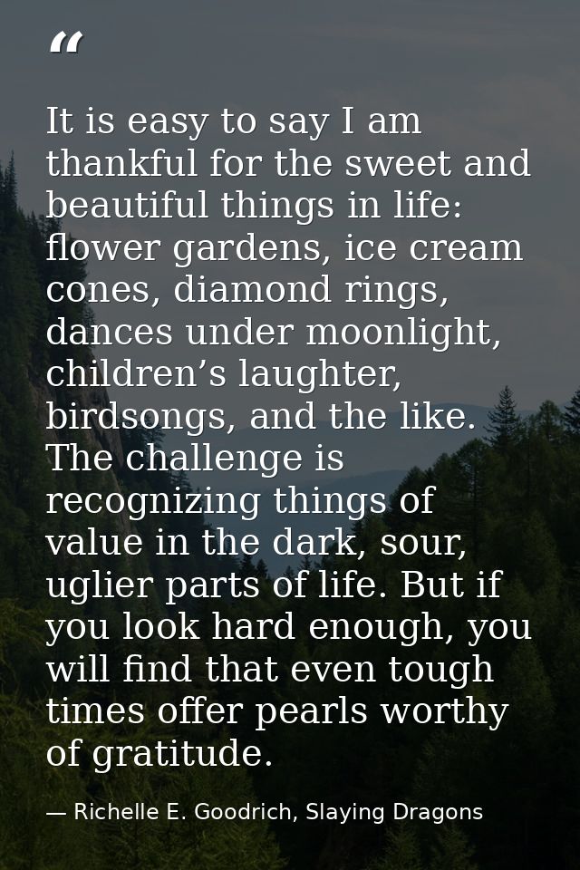 It is easy to say I am thankful for the sweet and beautiful things in life: flower gardens, ice cream cones, diamond rin — Richelle E. Goodrich, Slaying Dragons
