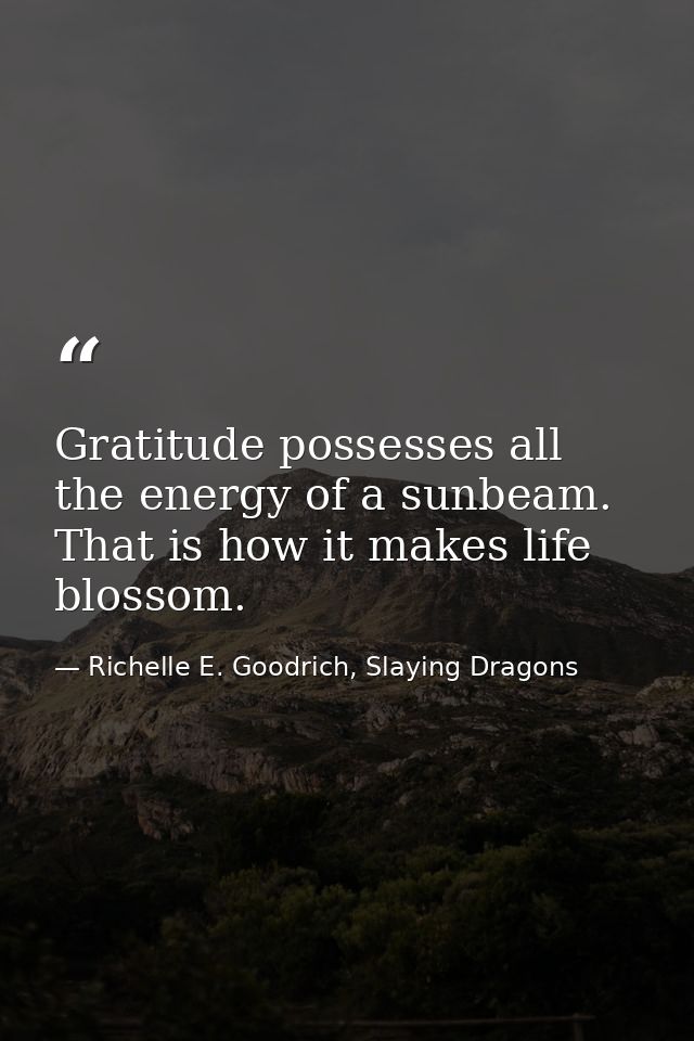 Gratitude possesses all the energy of a sunbeam. That is how it makes life blossom. — Richelle E. Goodrich, Slaying Dragons