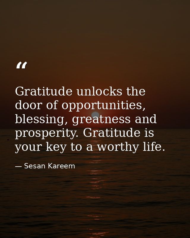 Gratitude unlocks the door of opportunities, blessing, greatness and prosperity. Gratitude is your key to a worthy life. — Sesan Kareem