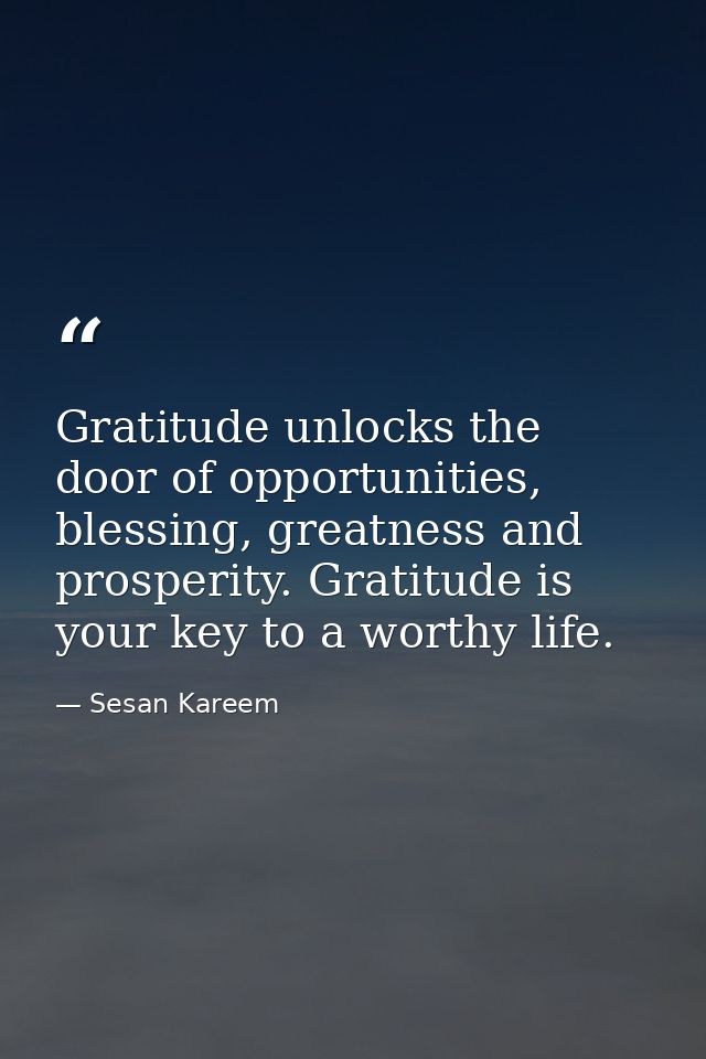 Gratitude unlocks the door of opportunities, blessing, greatness and prosperity. Gratitude is your key to a worthy life. — Sesan Kareem