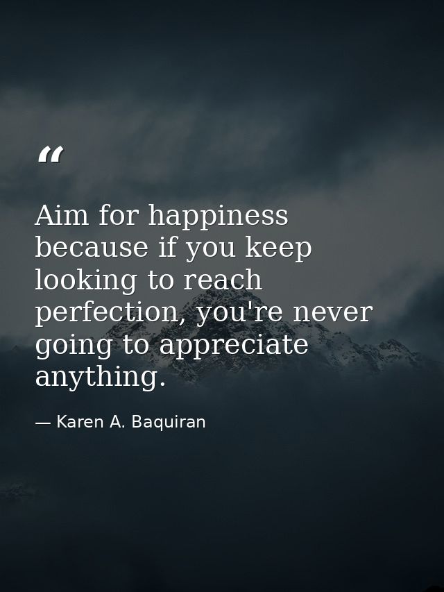 Aim for happiness because if you keep looking to reach perfection, you're never going to appreciate anything. — Karen A. Baquiran