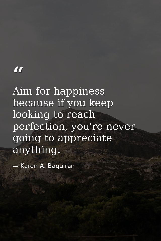 Aim for happiness because if you keep looking to reach perfection, you're never going to appreciate anything. — Karen A. Baquiran