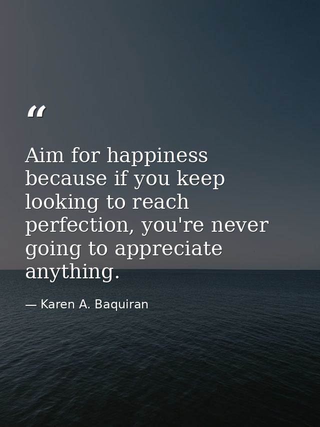 Aim for happiness because if you keep looking to reach perfection, you're never going to appreciate anything. — Karen A. Baquiran