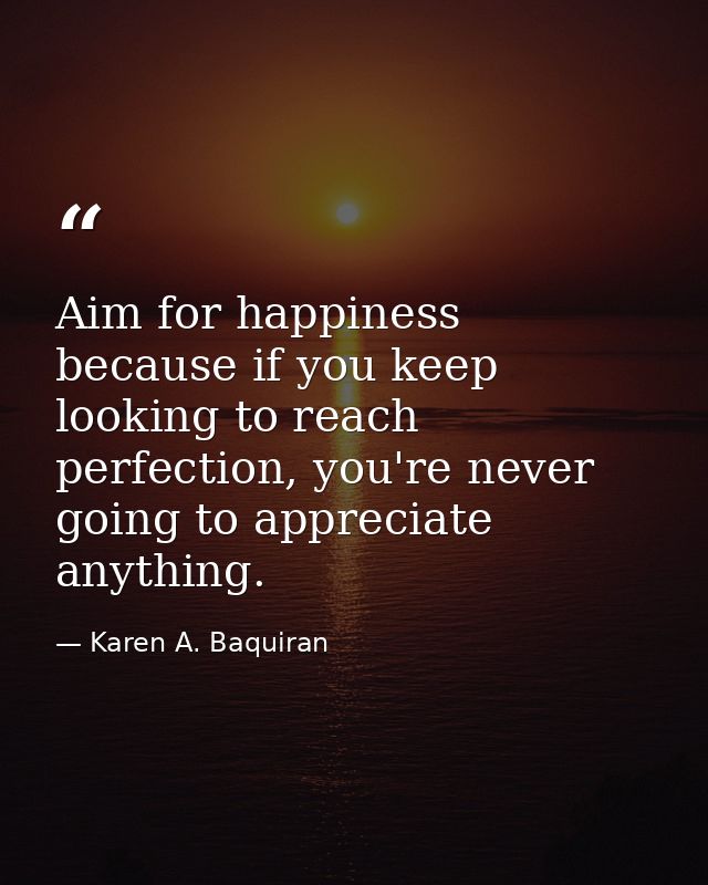 Aim for happiness because if you keep looking to reach perfection, you're never going to appreciate anything. — Karen A. Baquiran