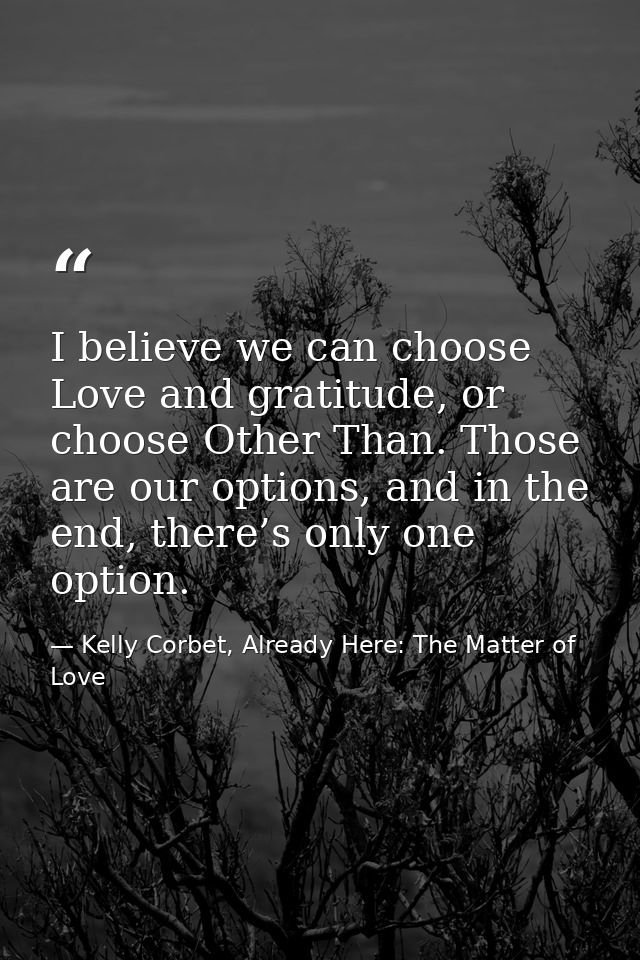 I believe we can choose Love and gratitude, or choose Other Than. Those are our options, and in the end, there’s only on — Kelly Corbet, Already Here: The Matter of Love