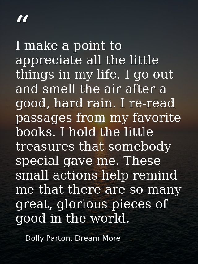 I make a point to appreciate all the little things in my life. I go out and smell the air after a good, hard rain. I re- — Dolly Parton, Dream More