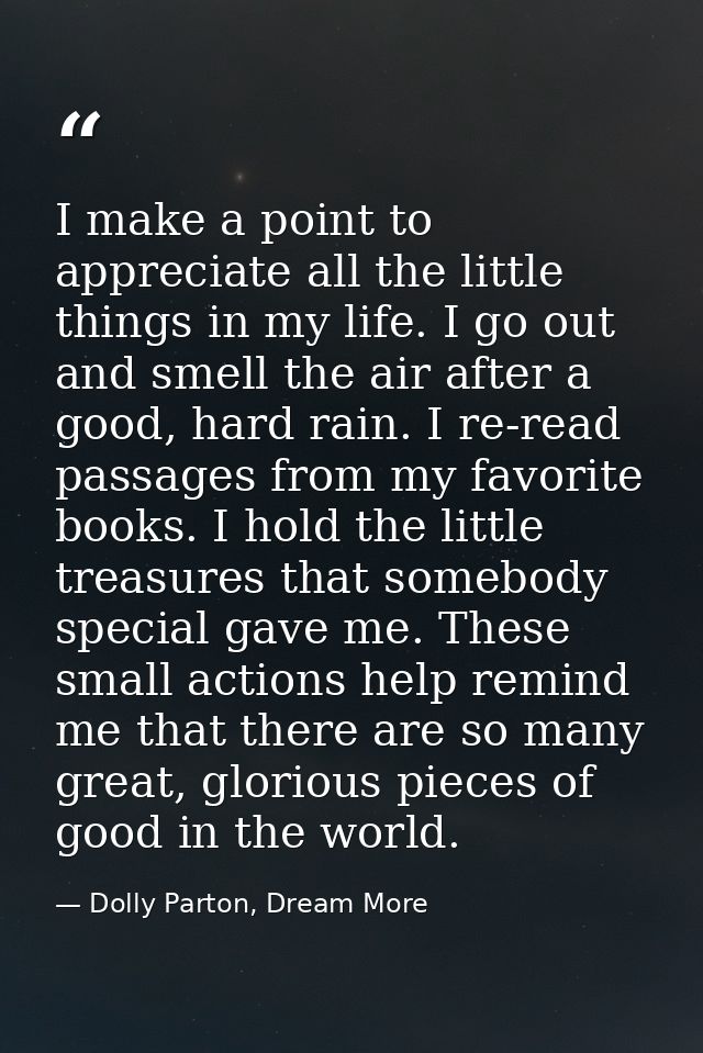 I make a point to appreciate all the little things in my life. I go out and smell the air after a good, hard rain. I re- — Dolly Parton, Dream More