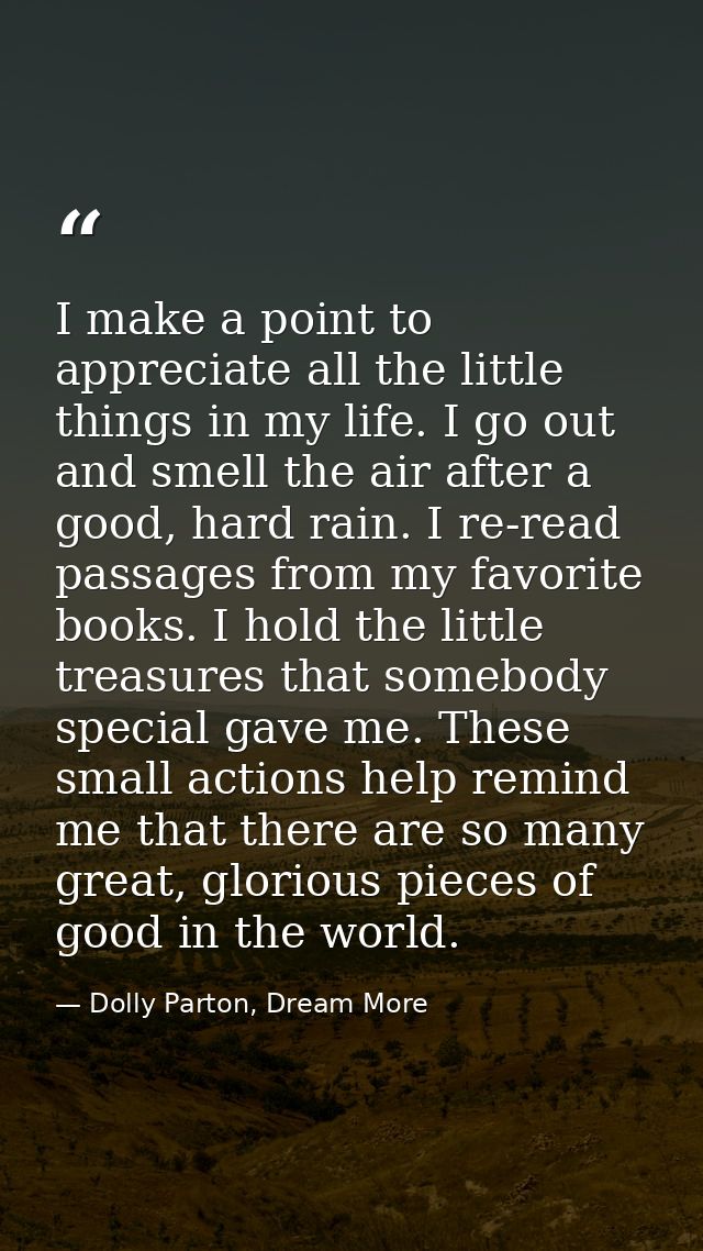 I make a point to appreciate all the little things in my life. I go out and smell the air after a good, hard rain. I re- — Dolly Parton, Dream More