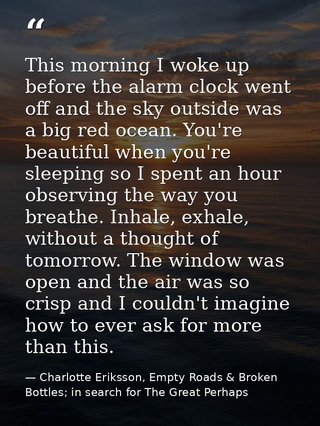 This morning I woke up before the alarm clock went off and the sky outside was a big red ocean. You're beautiful when yo — Charlotte Eriksson, Empty Roads & Broken Bottles; in search for The Great Perhaps