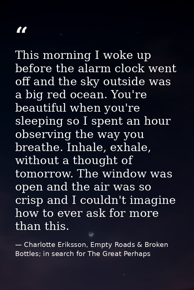 This morning I woke up before the alarm clock went off and the sky outside was a big red ocean. You're beautiful when yo — Charlotte Eriksson, Empty Roads & Broken Bottles; in search for The Great Perhaps