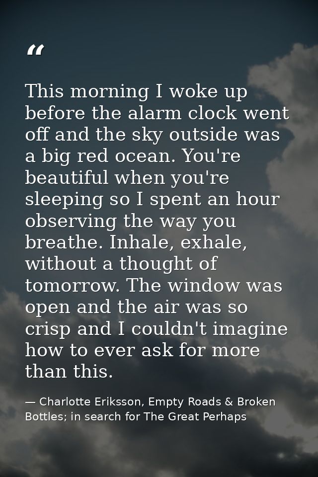 This morning I woke up before the alarm clock went off and the sky outside was a big red ocean. You're beautiful when yo — Charlotte Eriksson, Empty Roads & Broken Bottles; in search for The Great Perhaps